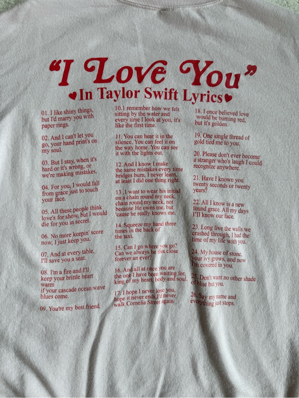 “I Love You” in Taylor Swift Lyrics Crewneck — Large
